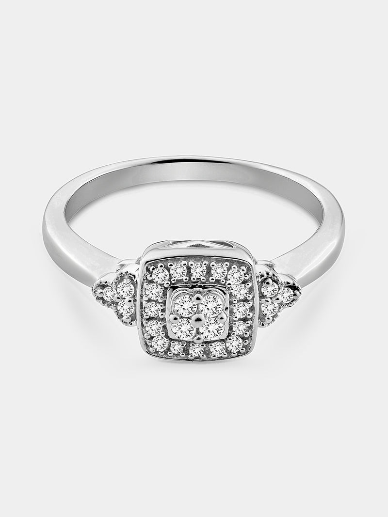 Silver 925 cushion cluster diamond ring with square halo centerpiece, 0.75 ct