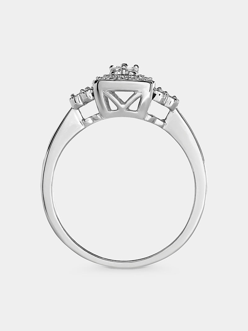 Cushion cluster diamond ring, silver band with raised square top and side stones