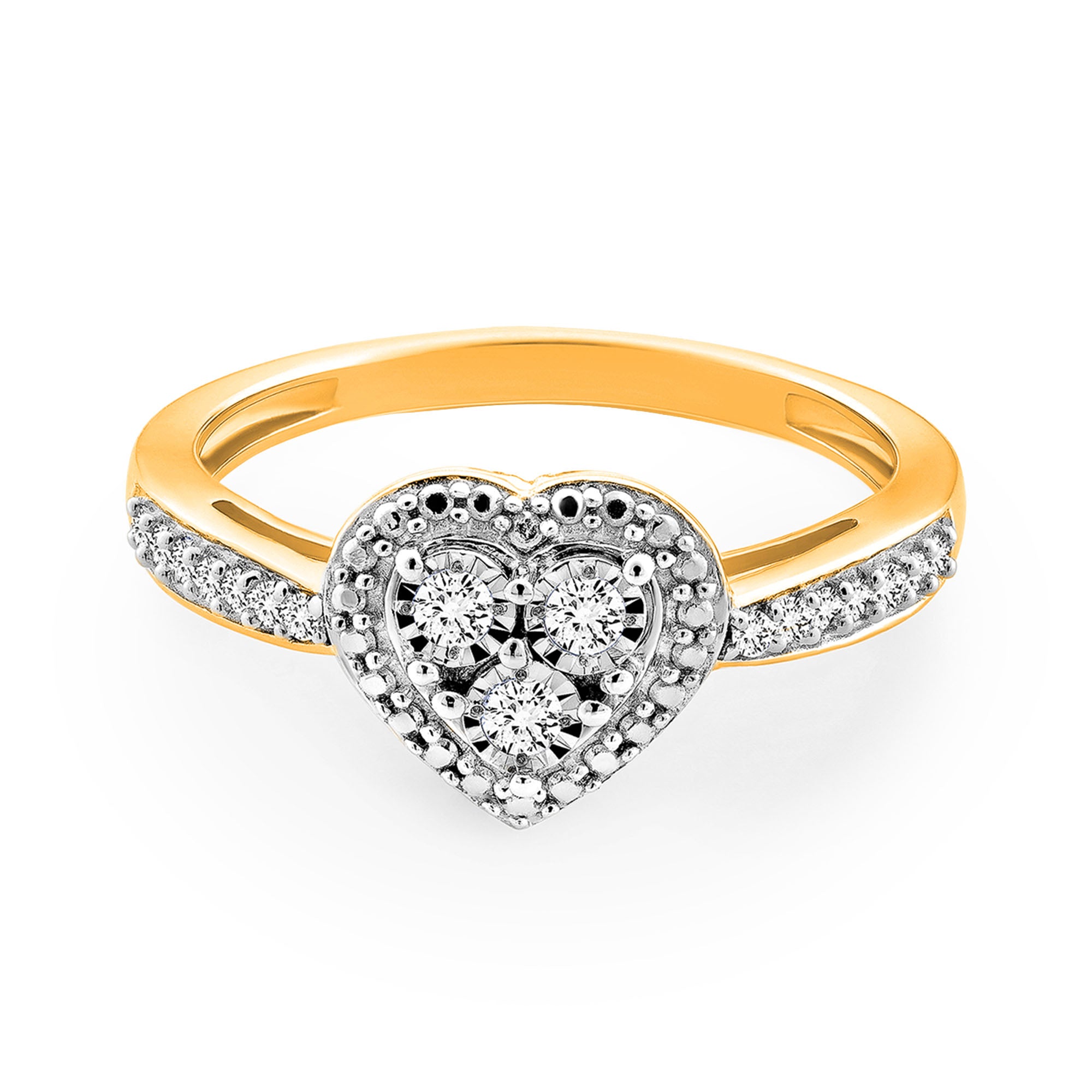 Heart-shaped halo ring with three round stones and pave band, silver tone