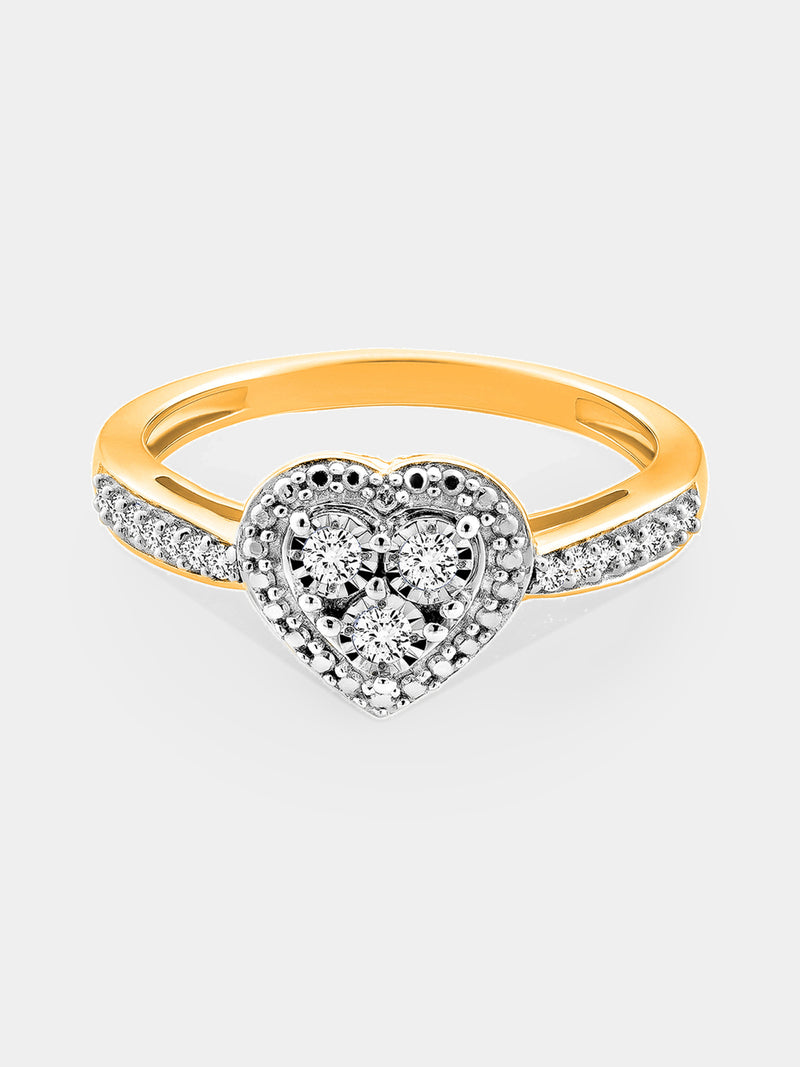 Heart-shaped halo ring with three round stones and pave band, silver tone