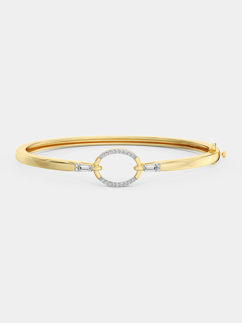 Gold-plated oval bracelet on wrist, pavé oval links with hinged clasp