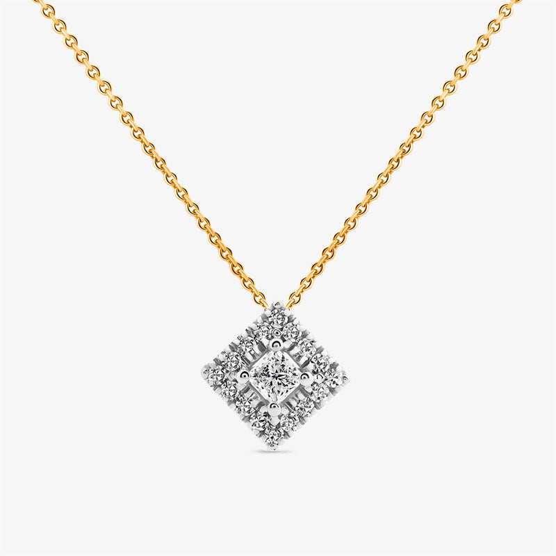 Square prism pendant necklace in silver-toned metal with sparkling diamond-like stones