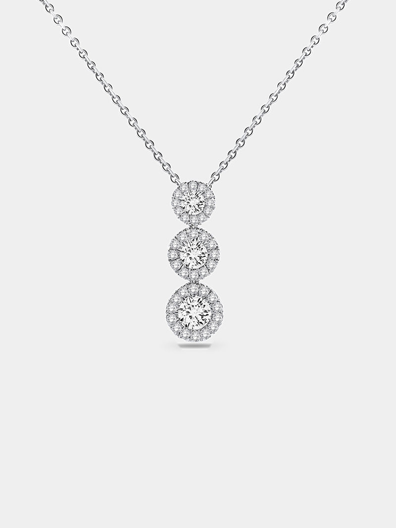 Silver 925 three-stone halo necklet: three round stones on fine link chain.