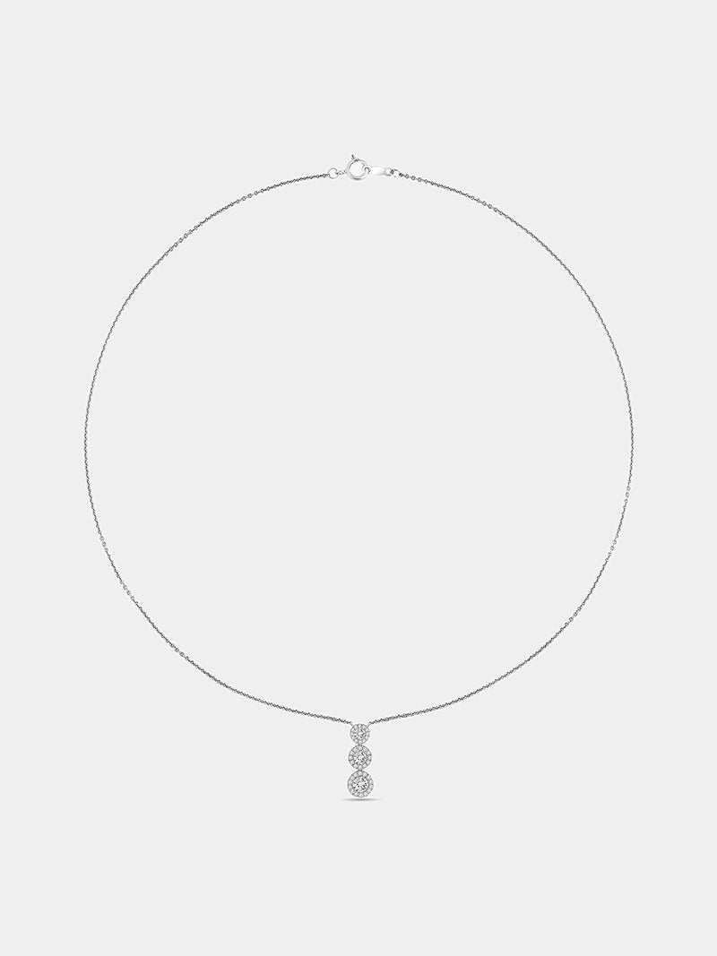 Fine silver chain necklace with three round halo stones at the center.