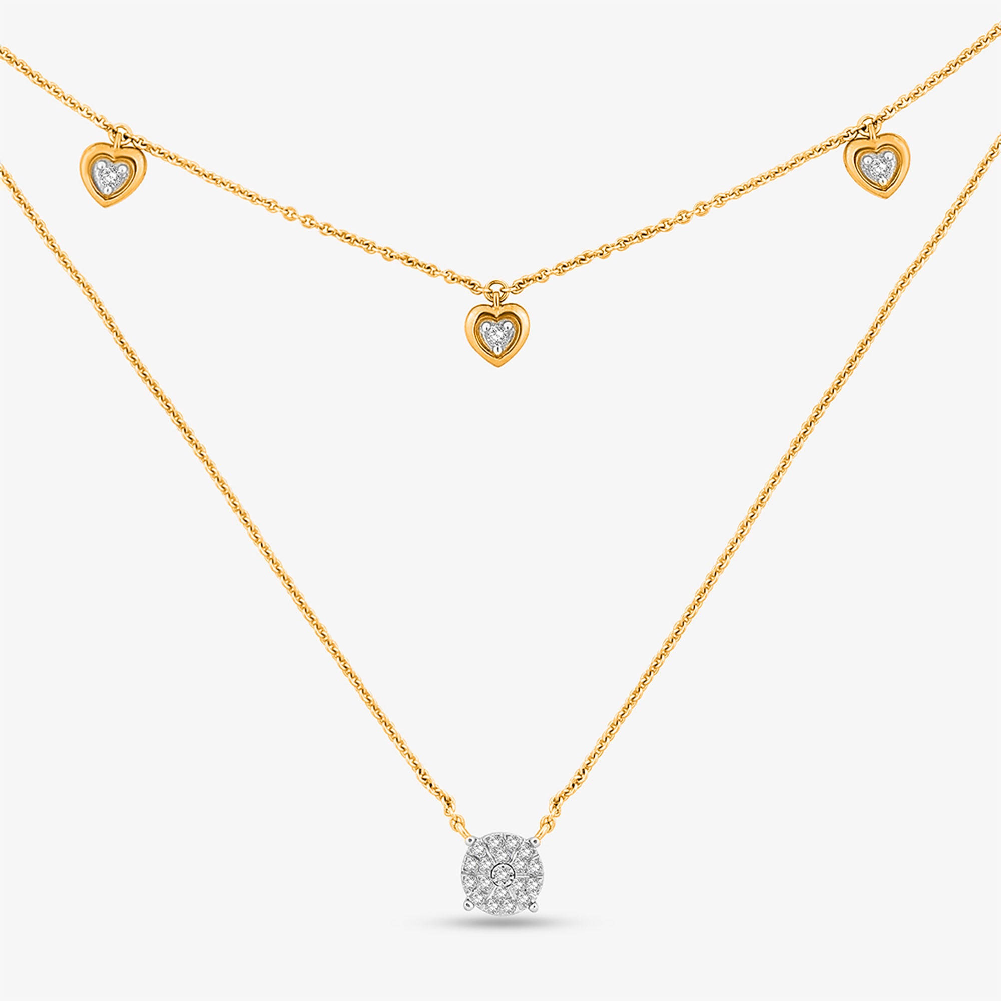 Keemti Jewels' Twilight Layered Necklet: elegant gold with 3 heart pendants and a round diamond on white.