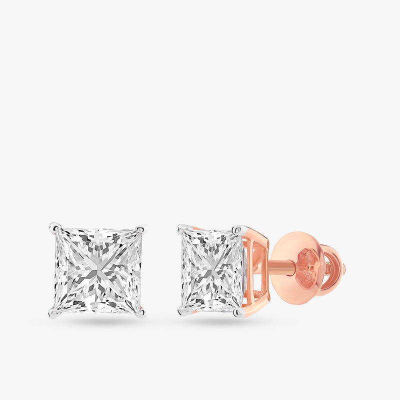Keemti Jewels PRINCESS Solitaire Stud Earrings in rose gold with secure screw-backs on a white background.