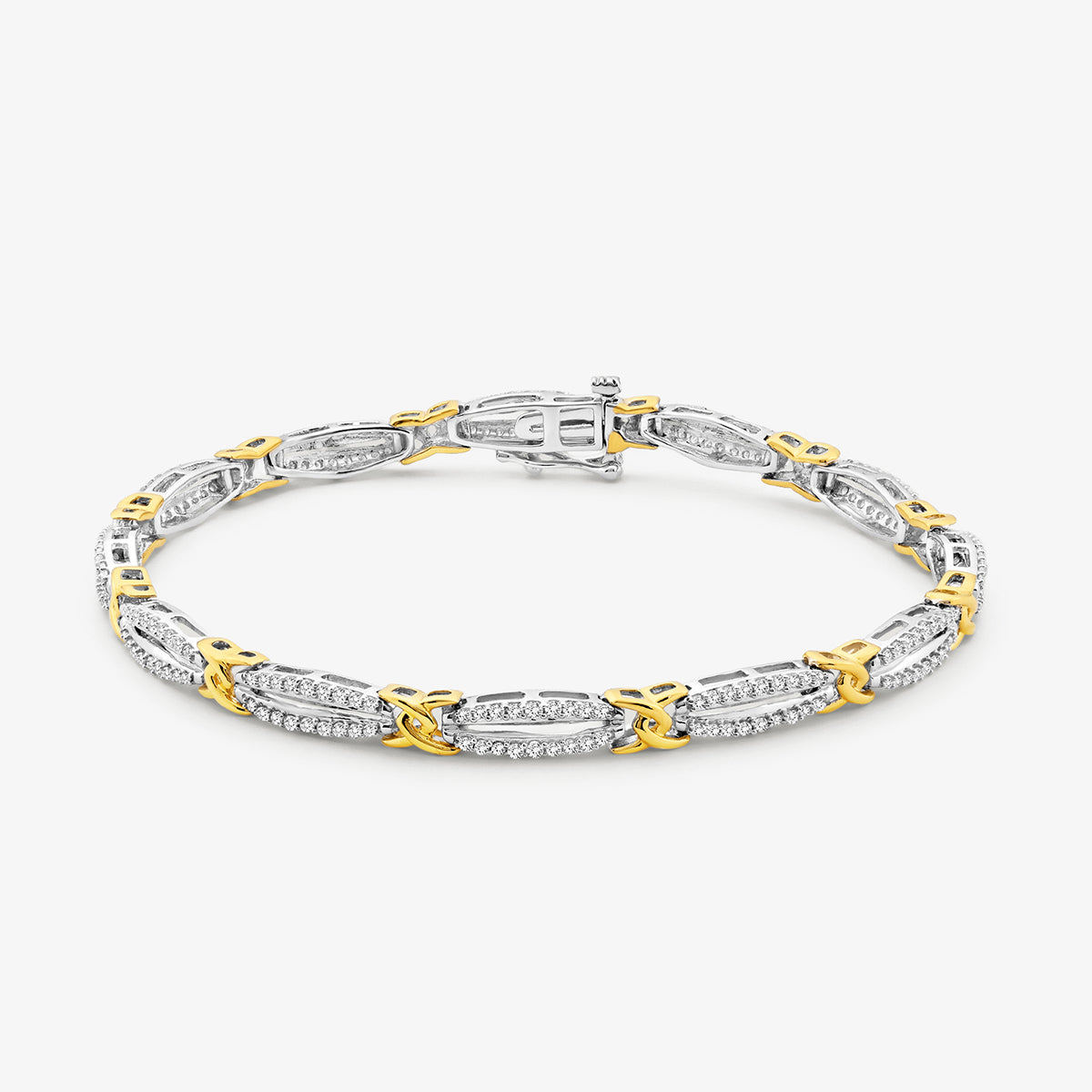 Keemti Jewels EVERYDAY Shine Link BRACELET: gold silver rectangular links with diamond accents on white background.