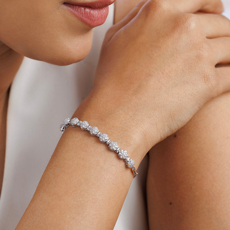 A woman wears the Keemti Jewels ROUND Cluster Link BRACELET, shown close-up against her chin and shoulder.