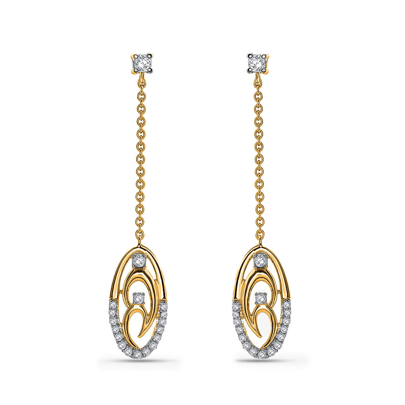 Two-tone chain drop earrings: long chain, oval pendant with gold inlay & pavé accents