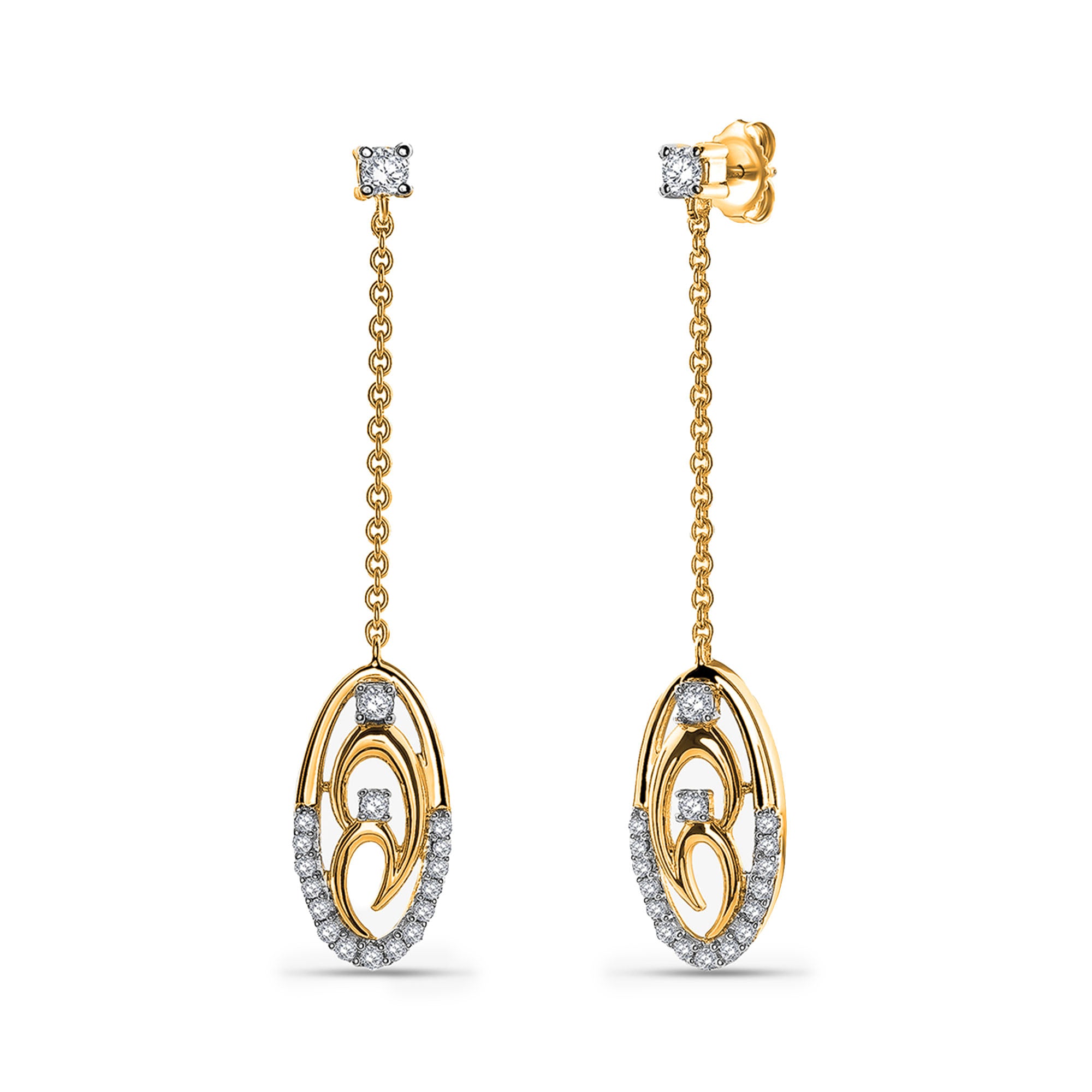 Keemti Jewels' Two-Tone Chain Drop Earrings with oval accents and white stones, shown on a white background.