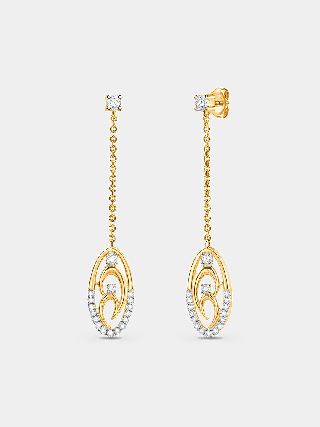 Keemti Jewels' Two-Tone Chain Drop Earrings with oval accents and white stones, shown on a white background.