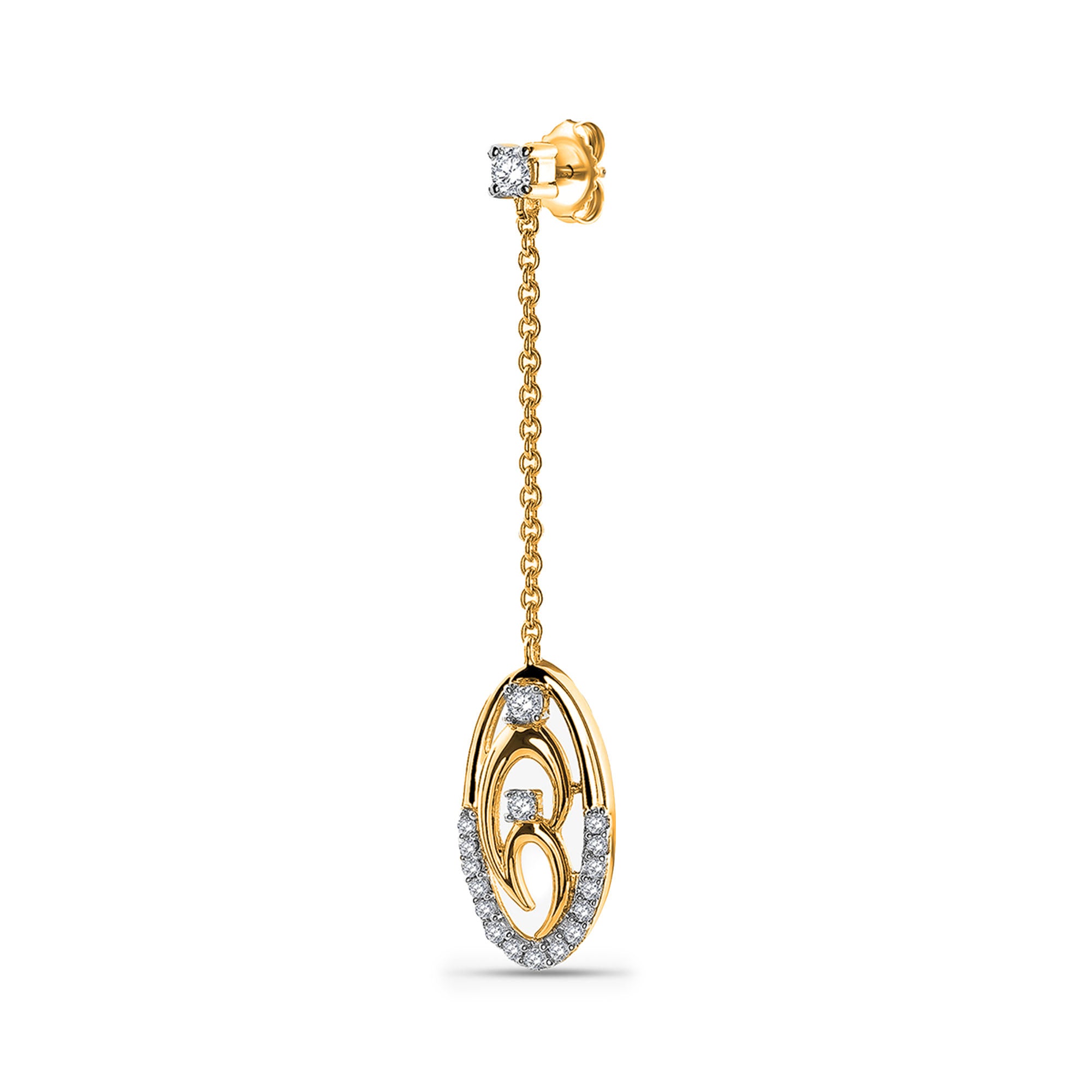 Keemti Jewels Two-Tone Chain Drop Earrings: Minimalist gold drops with diamond stud and patterned oval pendant.