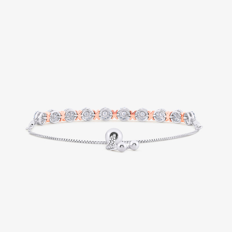 Keemti Jewels Round X Accent Diamond Bracelet: Silver rose gold adjustable chain with bezel-set gems X connectors.