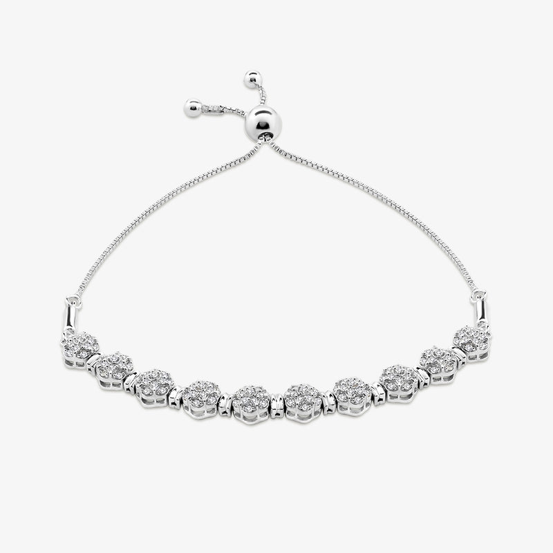 Keemti Jewels ROUND Cluster Link BRACELET: silver adjustable bracelet with circular diamond clusters on a bar link chain.