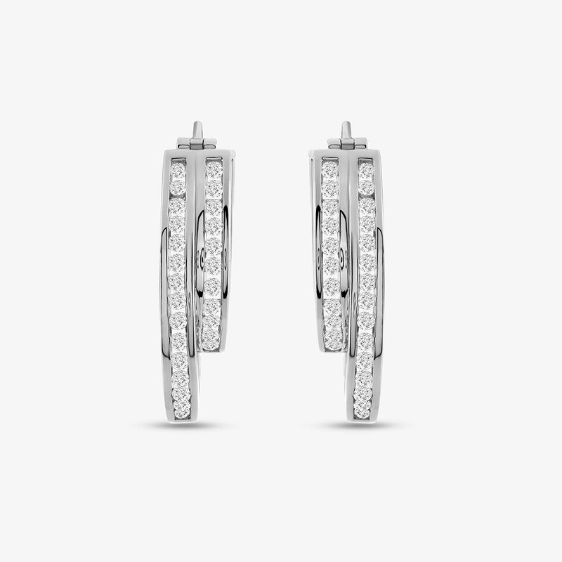 Long Bar Diamond Drop Earrings by Keemti Jewels showcase three diamond rows in modern double-hoop style on white backdrop.