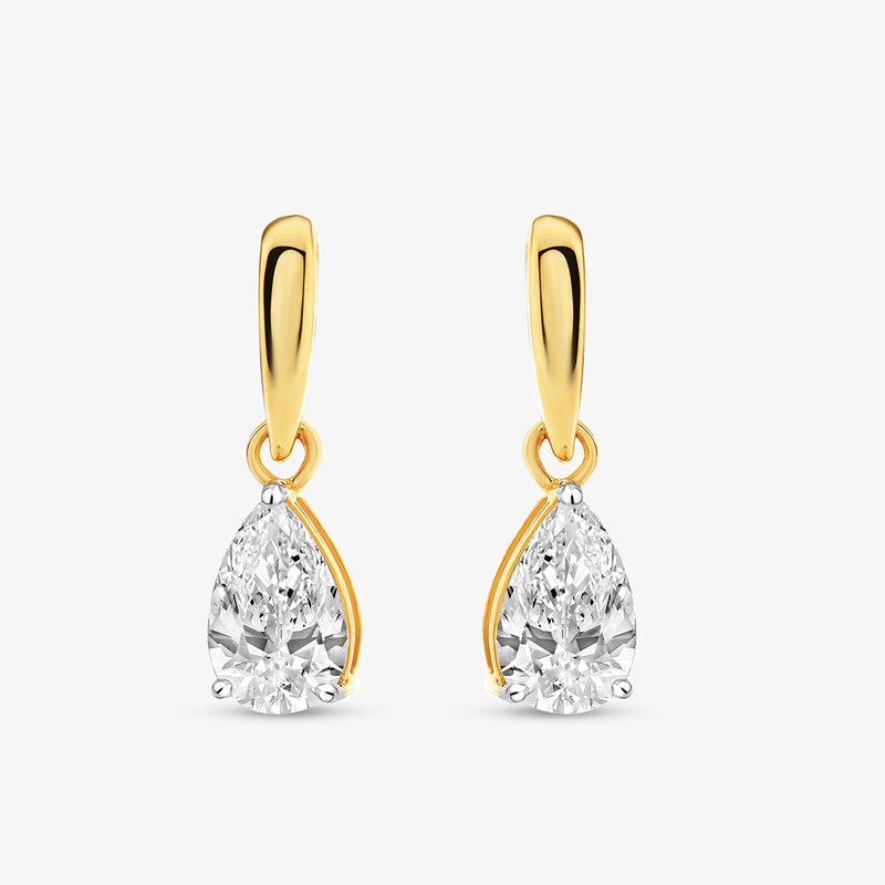 Aurora Pear Diamond Drop Earrings by Keemti Jewels feature gold dangles with pear-shaped gems on a white background.