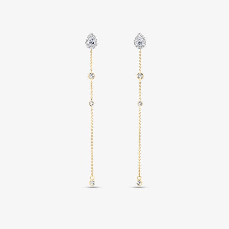 Glow Stream Diamond Sui Dhaga Earrings by Keemti Jewels feature gold chains with bezel-set diamonds and teardrop studs.