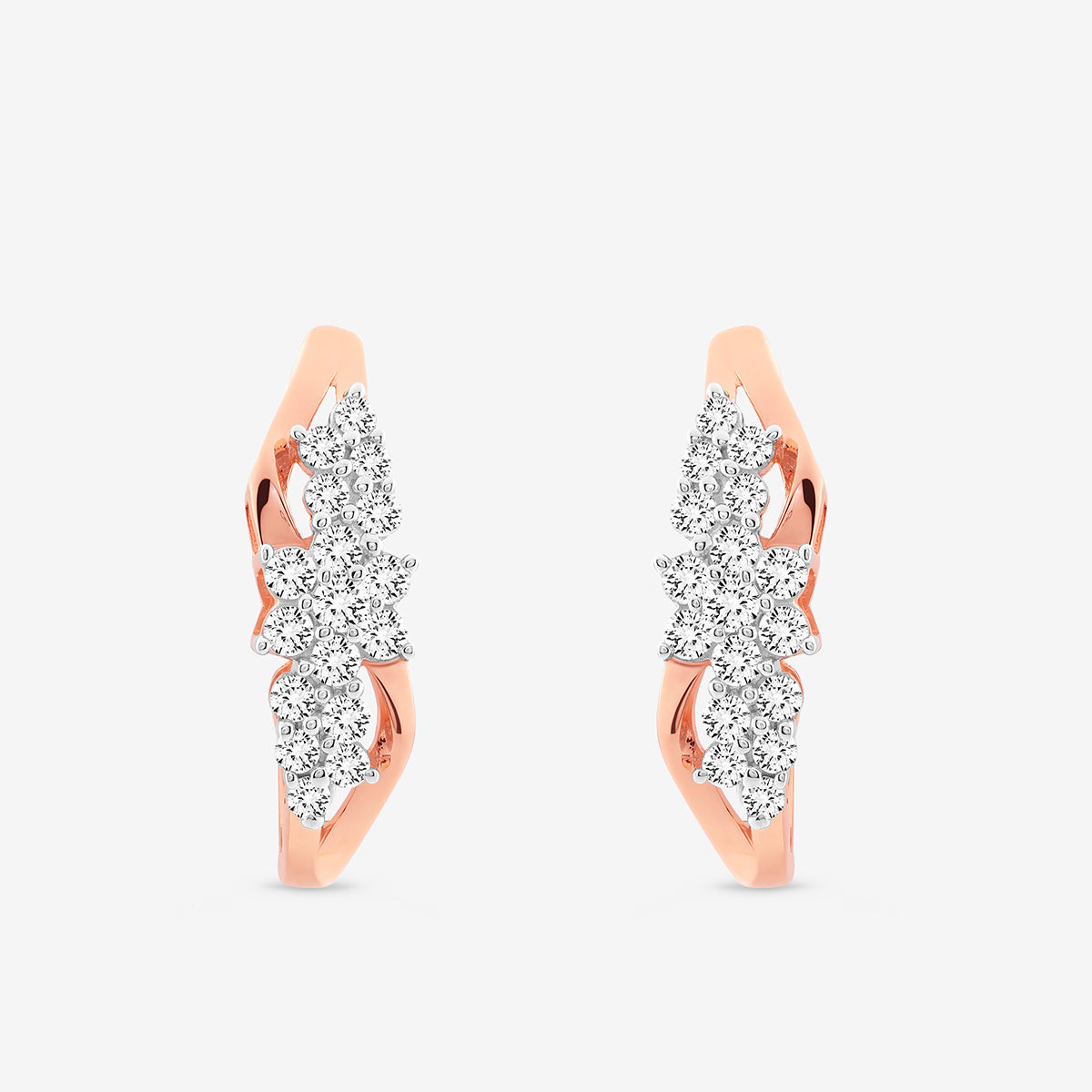 Keemti Jewels ILLUME Edge Hoop Earrings showcase a curved rose gold design with three clusters of white stones.