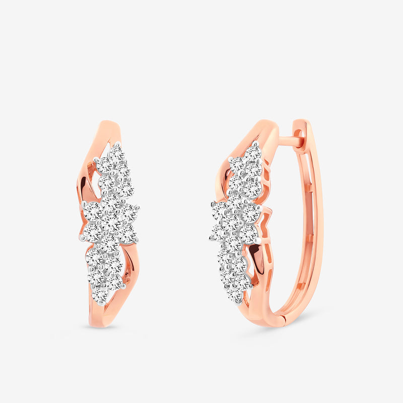 ILLUME Edge Hoop Earrings by Keemti Jewels: rose gold hoops with white diamond clusters in a leaf design, on white.