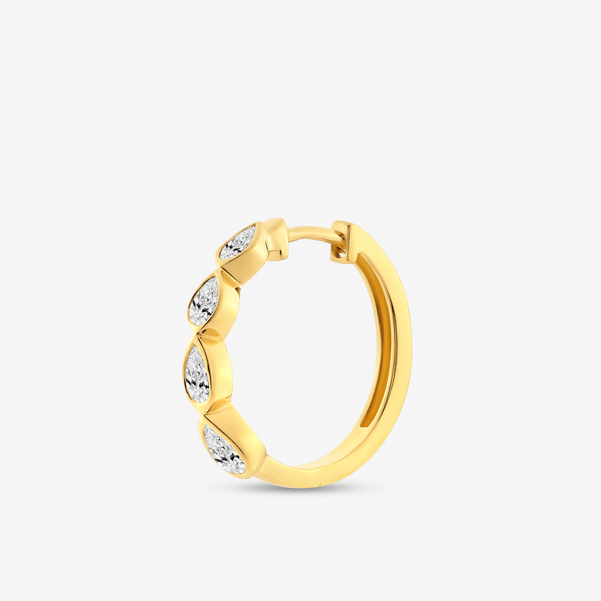 Keemti Jewels PEAR Bezel Hoop Earrings with four marquise bezel-set diamonds on the front edge, white background.