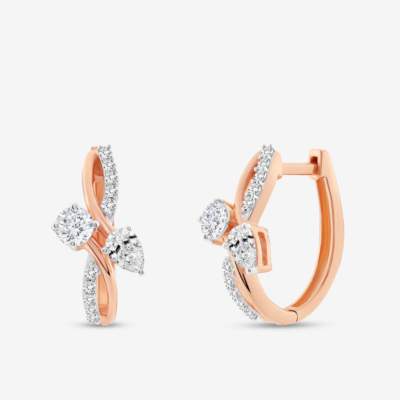 Keemti Jewels AERIS Flow Hoop Earrings: Rose gold hoops with round and pear-cut white gemstones, contemporary style.