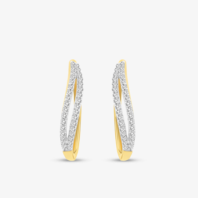 Keemti Jewels Whisper Arc Hoop Diamond Earrings feature a twisted gold design with white stones on a white background.