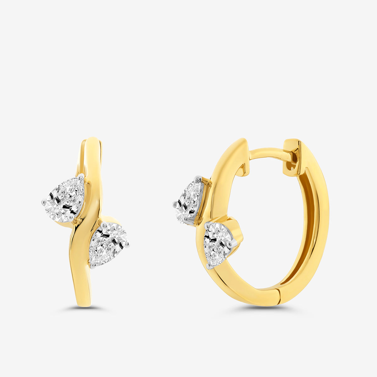 Keemti Jewels' ORIA Gleam Hoop Earrings in yellow gold feature two pear-shaped diamonds on each minimal hoop.