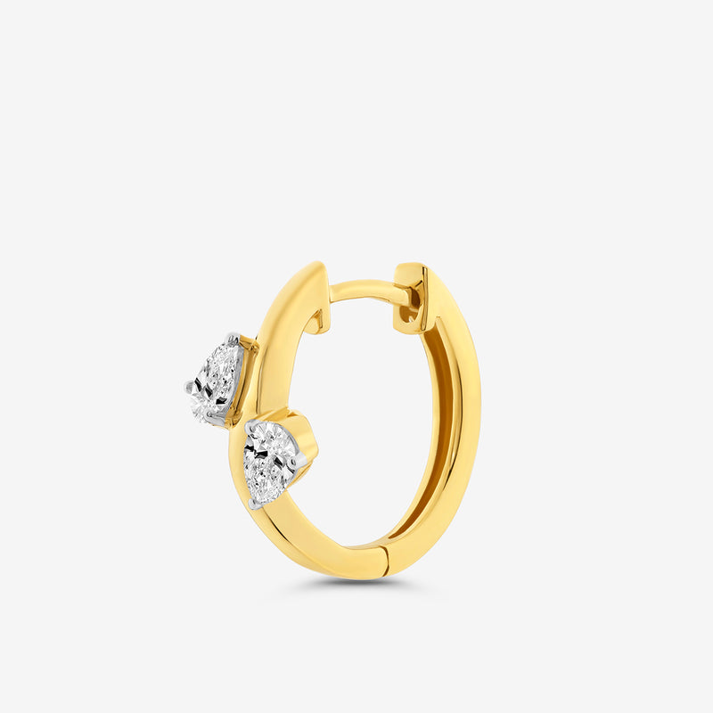 Keemti Jewels ORIA Gleam Hoop Earrings in yellow gold with two pear-shaped diamonds, shown on a white background.