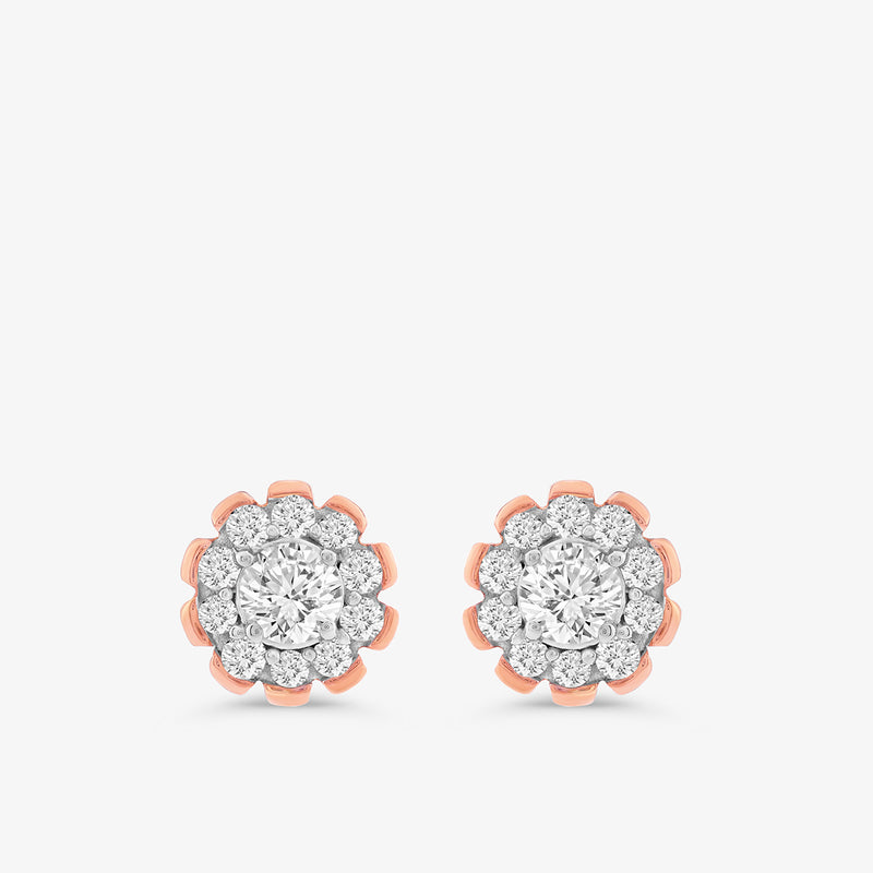 Frosted Bloom Diamond Stud Earrings by Keemti Jewels in rose gold, featuring a floral and radiant frosted halo design.