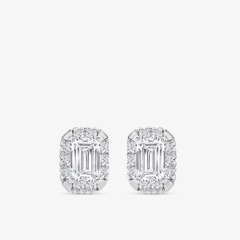 Keemti Jewels' Modern Emerald-Cut Halo Diamond Stud Earrings exude quiet luxury on a crisp white background.