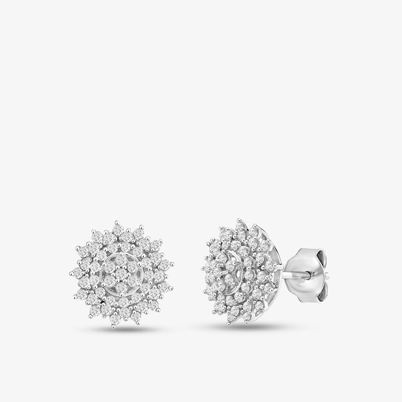 Eternal Blossom Diamond Stud Earrings by Keemti Jewels in white metal, with a floral layered design, front side views.