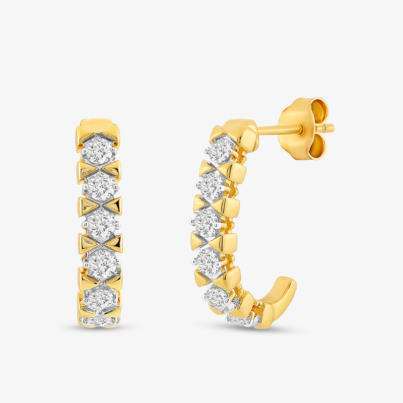 Keemti Jewels Amara Diamond Hoop Earrings feature gold X-shapes and clear stones for everyday yellow-plated elegance.