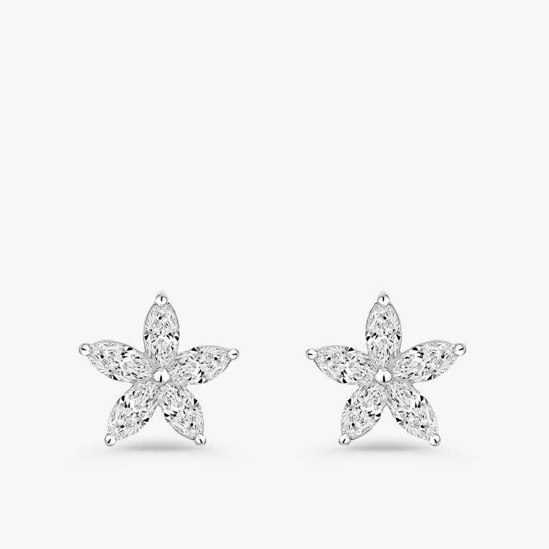 Classic Bloom Diamond Stud Earrings by Keemti Jewels—silver floral studs with five marquise-cut stones for daily elegance.