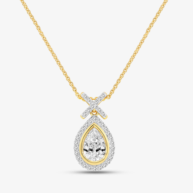 The Pear Grace Diamond Pendant by Keemti Jewels features a teardrop design with a diamond halo and crisscross accent.
