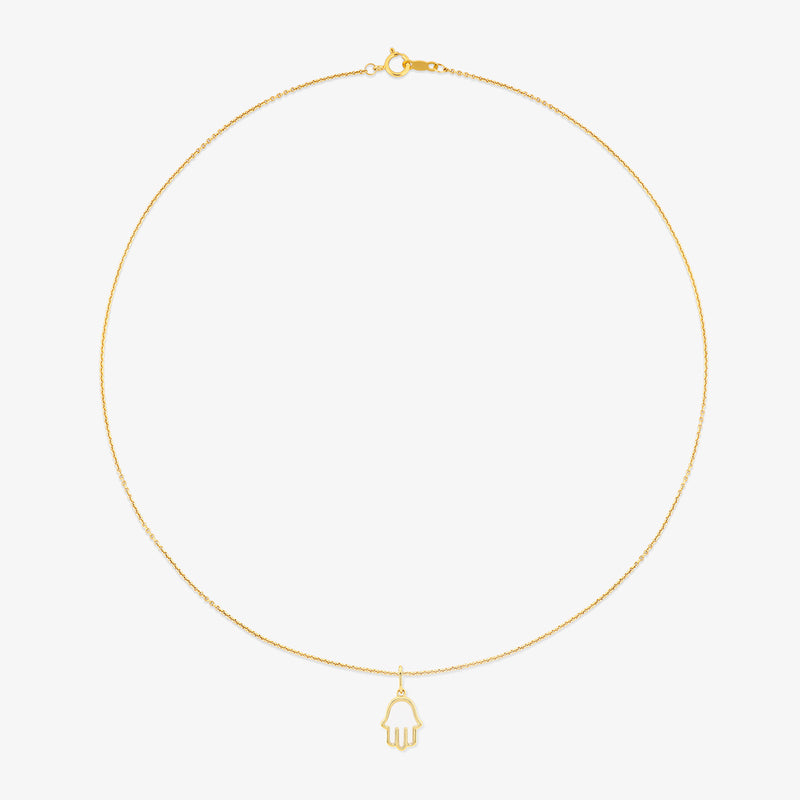 Keemti Jewels' Blessed Hand Nazar Diamond Pendant features a delicate gold Hamsa on a thin chain against a white background.