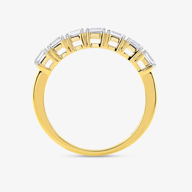 The Lucent Emerald Cut Diamond Band by Keemti Jewels features structured diamonds on the top half, shown on white.