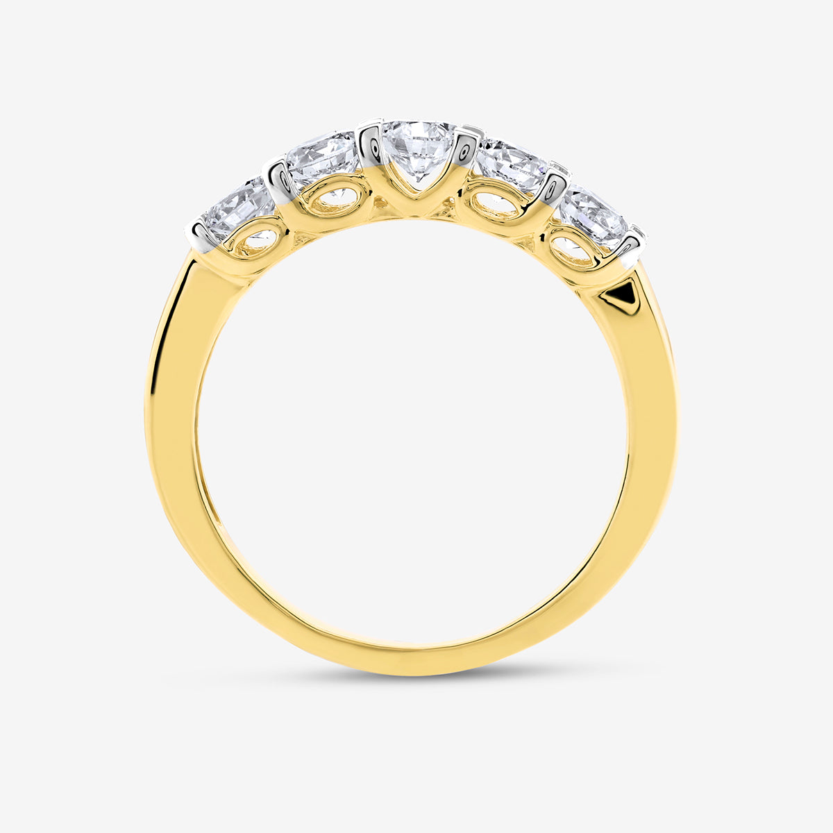 Keemti Jewels CROWN Arc Solitaire Ring with five clear stones, gold arched design, shown side-on on white background.