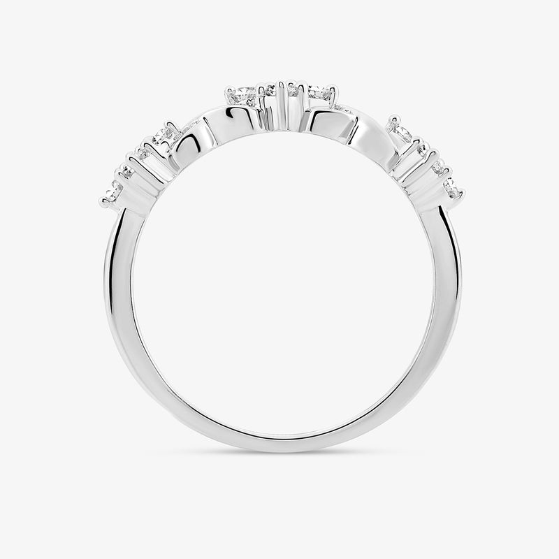 The Keemti Jewels Interlock Cluster Diamond Ring features twisted silver with baguette and round-cut diamonds on top.