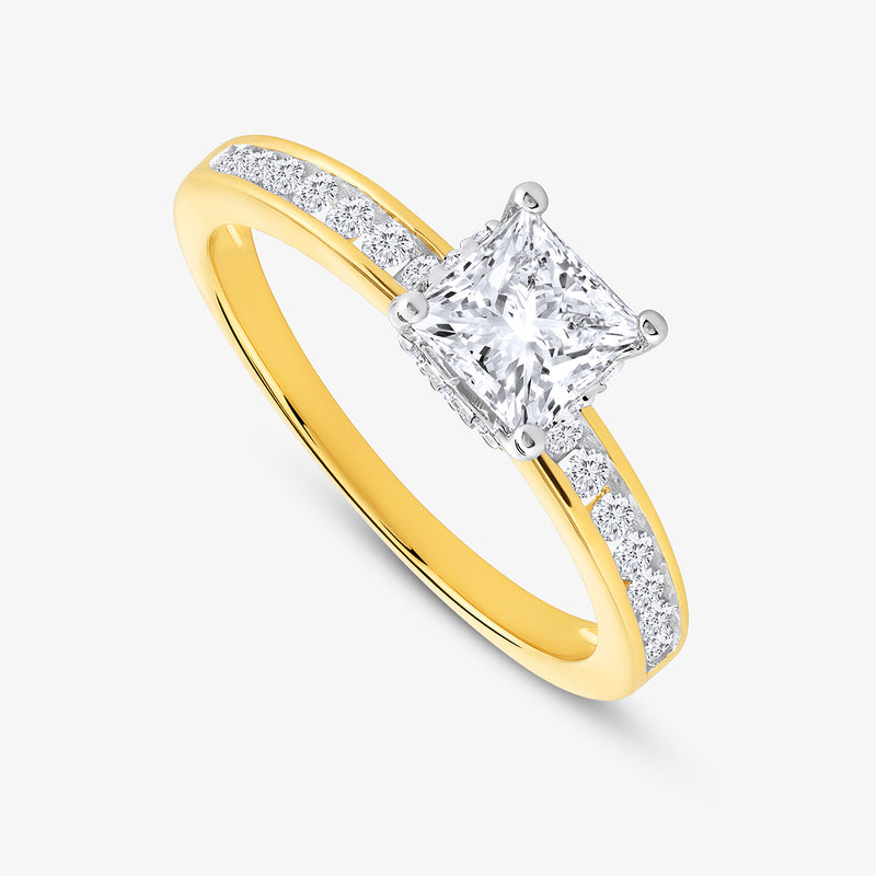 Keemti Jewels' Golden Halo Solitaire Ring features a princess-cut center diamond and accent stones for modern brides.