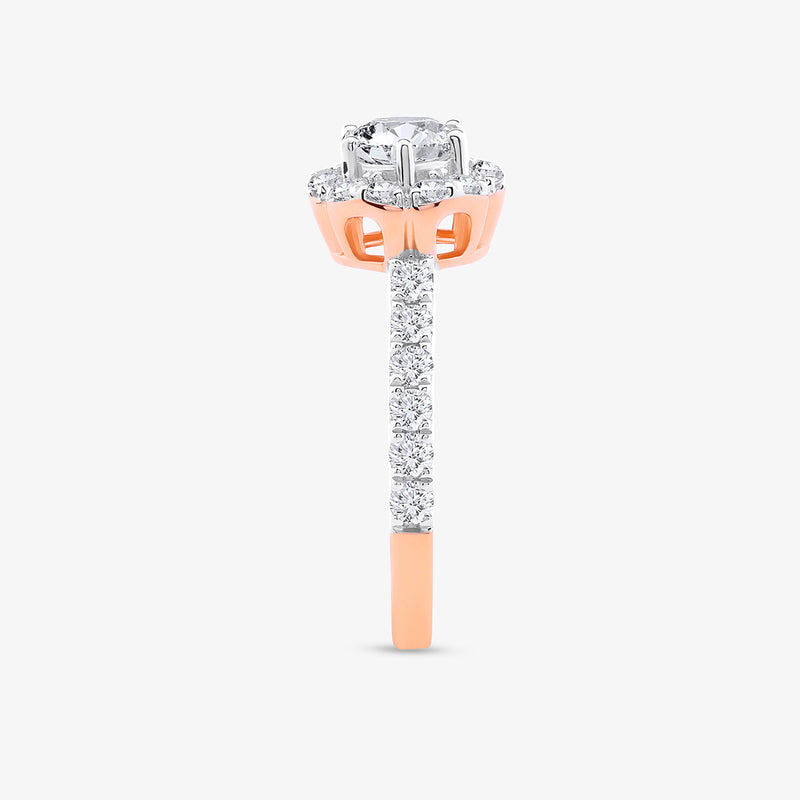 Side view of Keemti Jewels’ Forever In Bloom Halo Diamond Ring with a round diamond and rose gold band with accents.