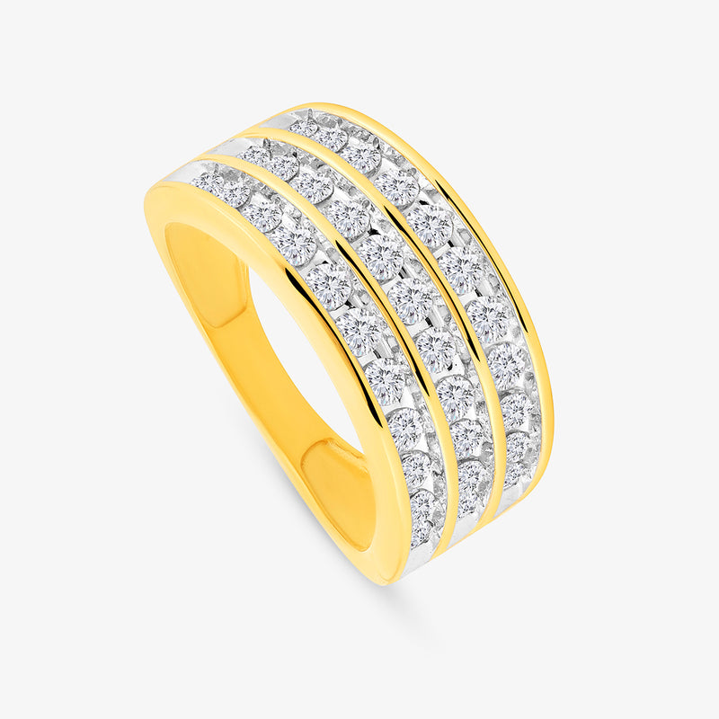 The Keemti Jewels Orbit Radiance Diamond Ring features three rows of diamonds, ideal for daily style on a white backdrop.