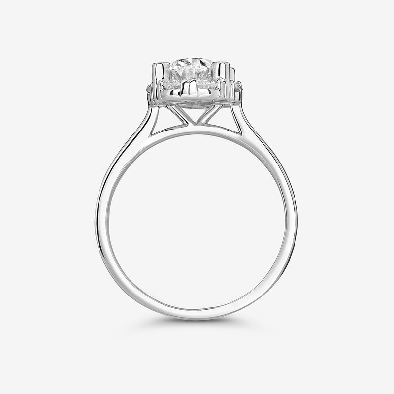 A silver Keemti Jewels CLASSIC Oval Mount Halo ring with a side view and elegant prong setting.