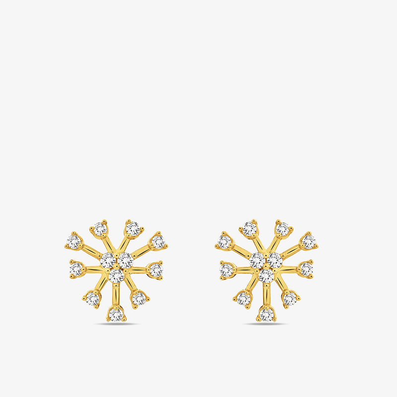 Keemti Jewels SNOWFALL Stud Earrings feature a diamond starburst snowflake with sparkling stones on white background.
