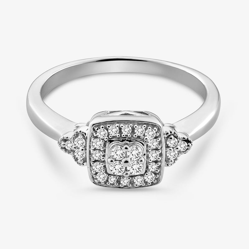 Silver 925 cushion cluster diamond ring with square halo centerpiece, 0.75 ct