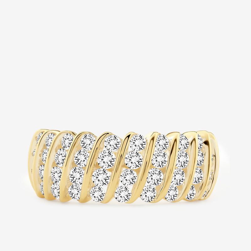 Eternity spiral ring with gold band and round white stones in repeating arc pattern