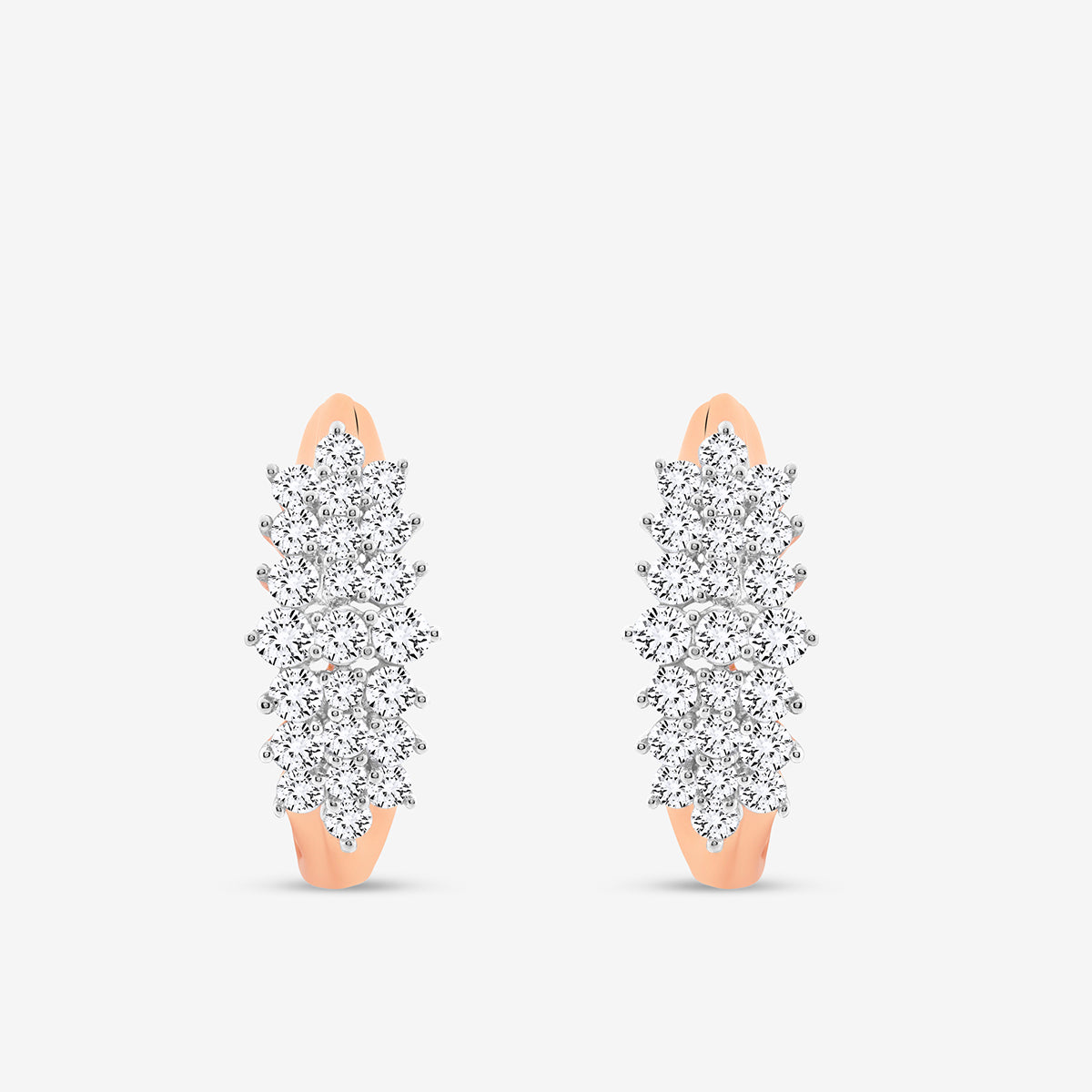 The AURORA Grid Huggie Earrings by Keemti Jewels are rose gold diamond hoops with sparkling white diamonds in a delicate lattice pattern, shown against a plain white background—a standout piece of contemporary jewelry.