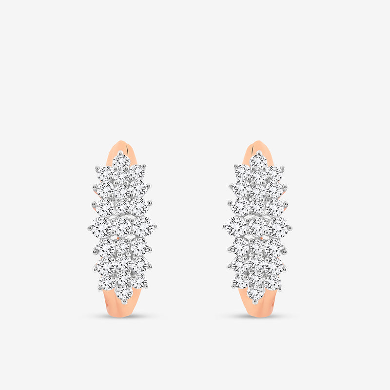 The AURORA Grid Huggie Earrings by Keemti Jewels are rose gold diamond hoops with sparkling white diamonds in a delicate lattice pattern, shown against a plain white background—a standout piece of contemporary jewelry.