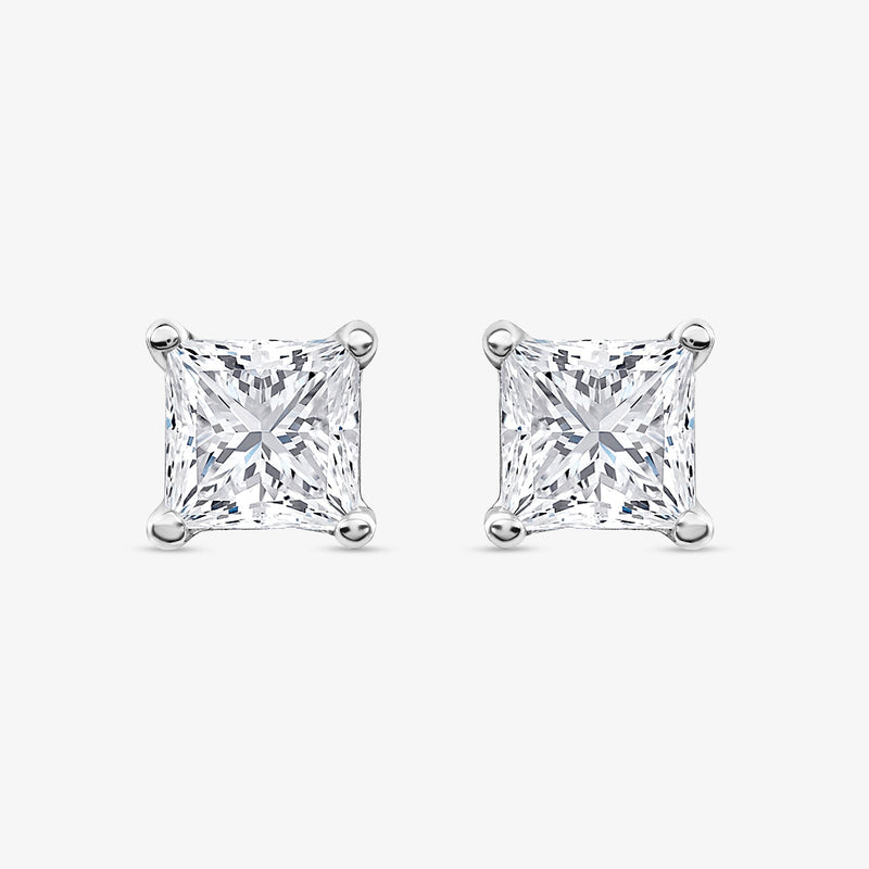 Square diamond stud earrings, 925 silver, 0.75 ct, cushion-cut square setting