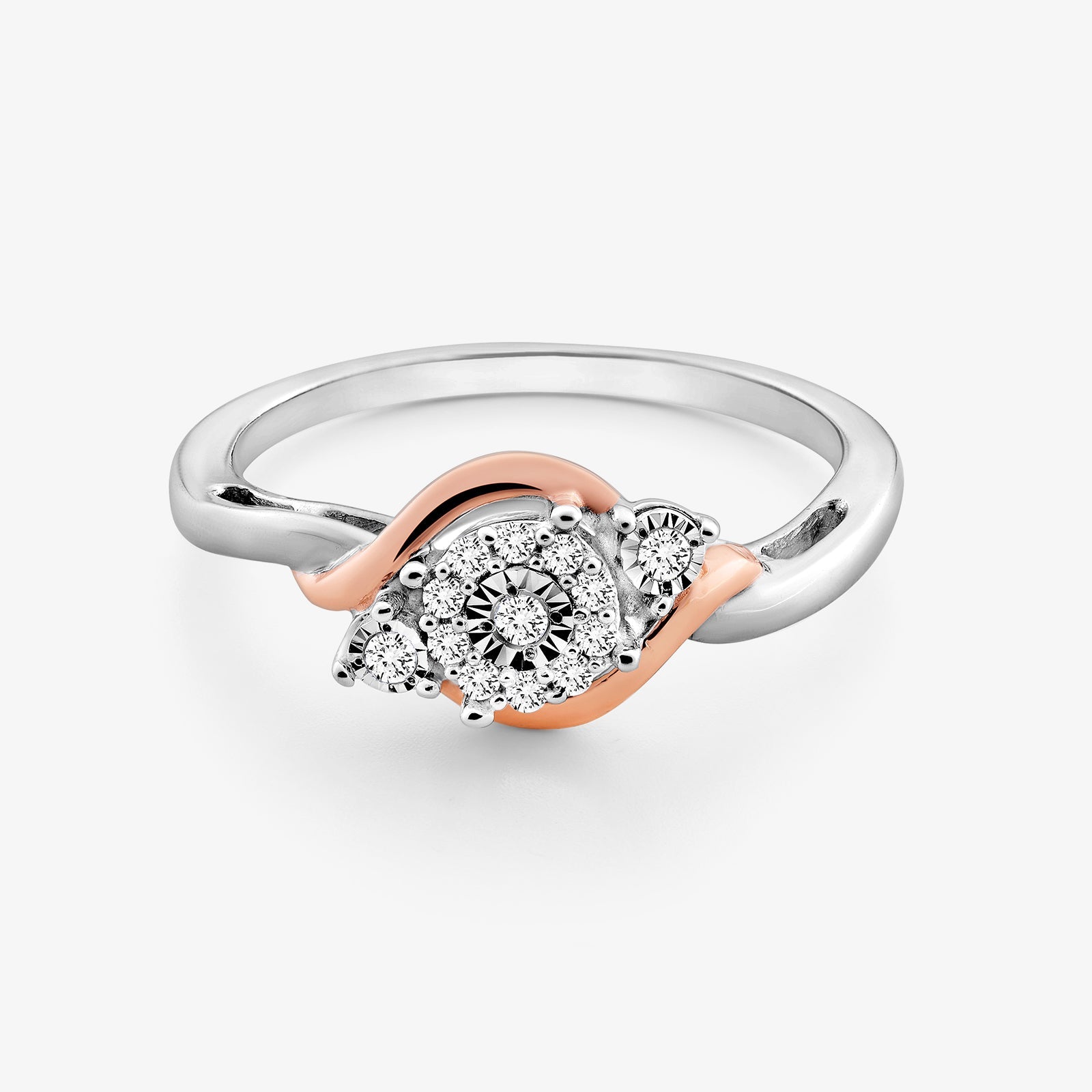 Silver-plated two-tone ring, oval halo with pavé diamonds and side round stones
