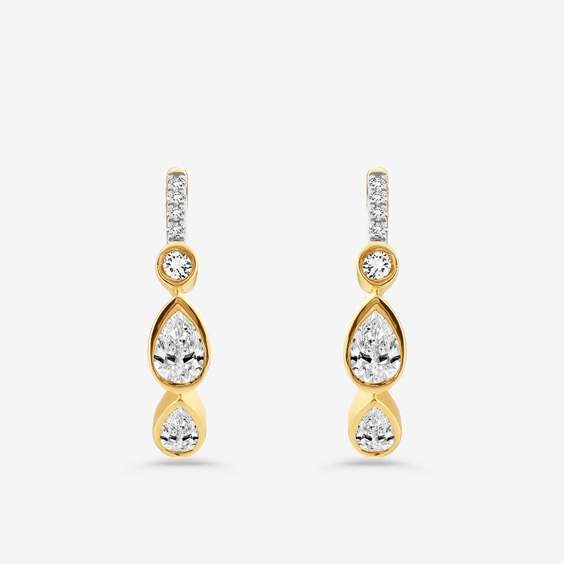 14Kt yellow gold diamond hoop earrings with pear and round stones